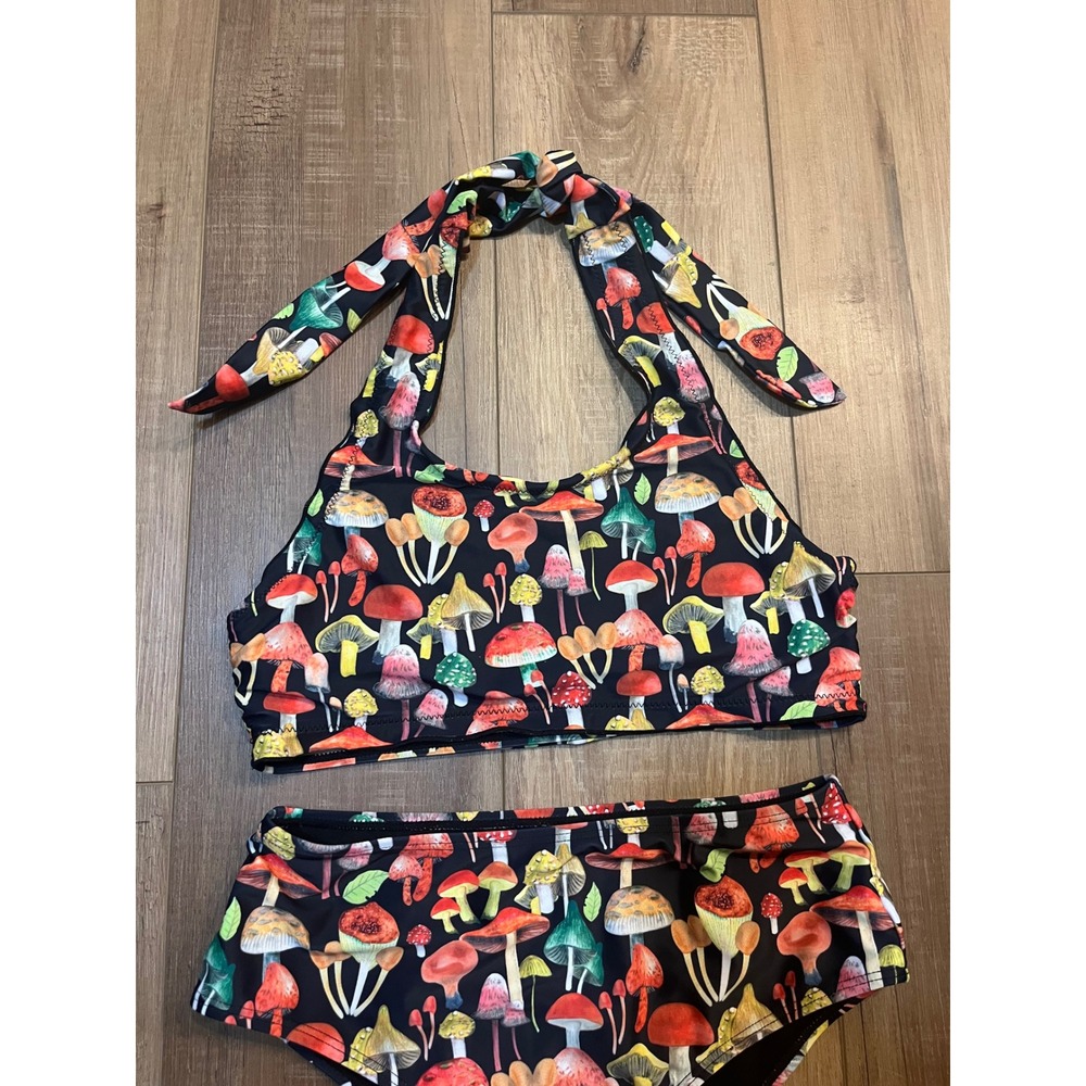 Mushroom Print High Waisted Bikini Set Black Halter Top Two Piece Swimsuit M - Picture 4 of 7